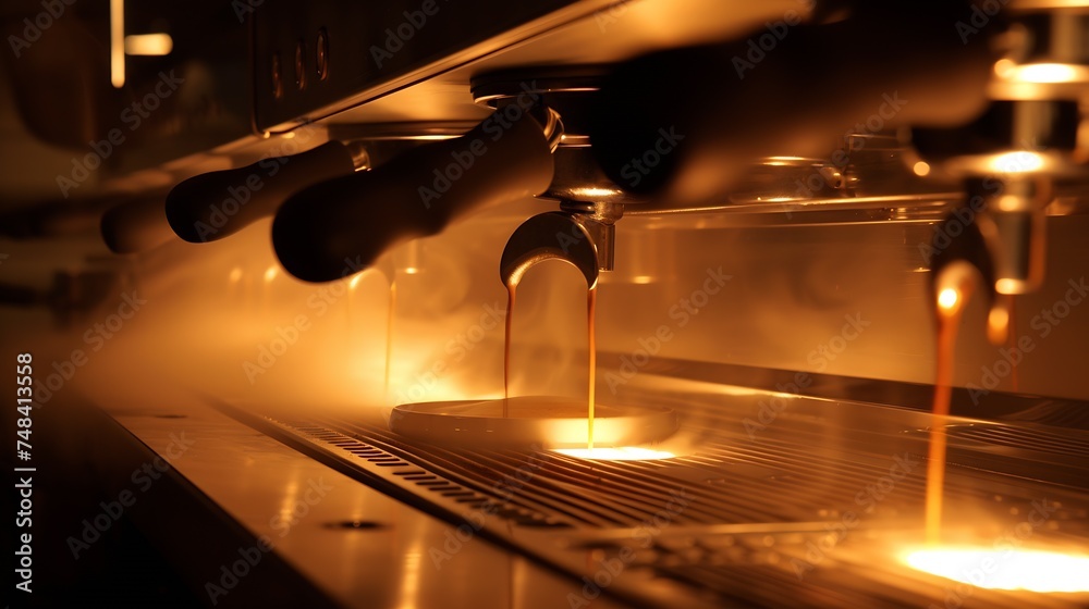 Aufkleber closeup image of the coffee machines that are operating automatical coffee flowing into coffee cup t