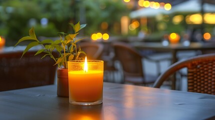 Obraz na płótnie Canvas citronella candle with flame outdoor on cafe table setting at dusk for protection against mosquitoes during summer nights : Generative AI