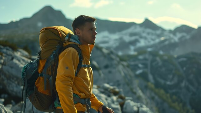 Young man with backpack hiking mountains Hiker having trekking day out on a sunny day Successful sport and inspirational concept : Generative AI