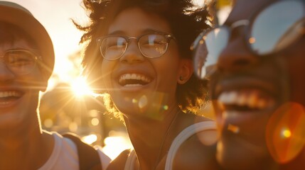 Young happy people laughing together Multiracial friends group having fun on city street Diverse culture students portrait celebrating outside Friendship community youth university con : Generative AI