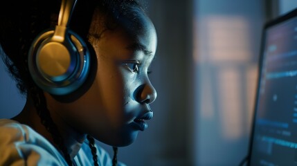 African teen girl wearing headphones study with internet chat skype teacher prepare for exam black girl school student learning online watch webinar make notes looking at laptop distan : Generative AI - obrazy, fototapety, plakaty