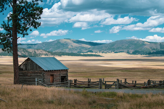 Old barn and corral sit on edge of large mountain meadow. New Mexico western ranch and natural grassland. 