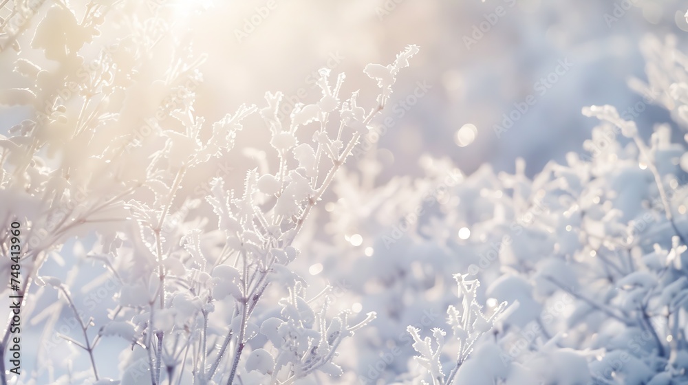 Aufkleber white winter branches under the sparkling fluffy snow hoarfrost on the branches and plants snowdrift