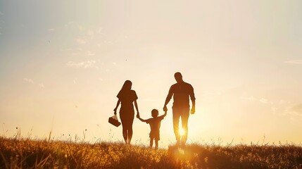 Silhouette of happy family walking in the meadow at sunset Mother father and child son having fun outdoors enjoying time together Family love mental health and happy lifestyle concept : Generative AI - obrazy, fototapety, plakaty