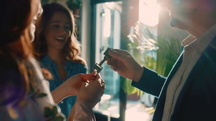 Happy millennial couple receiving keys from realtor purchasing real estate Family meeting with real estate agent New house and real estate concept : Generative AI