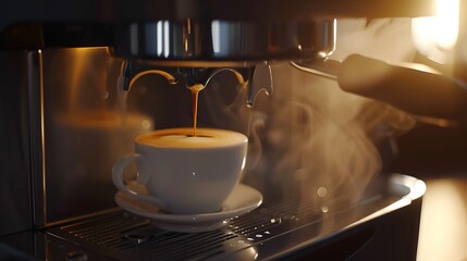 coffee machine and cup of coffee with foam close up the process of making coffee in the coffee machine : Generative AI