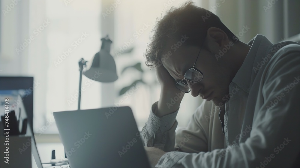 Poster sad and worried entrepreneur working on line with a laptop in an office desk or home : generative ai
