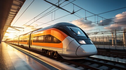 Front perspective of a high-speed train approaching a station, natural rim light. Generative AI.