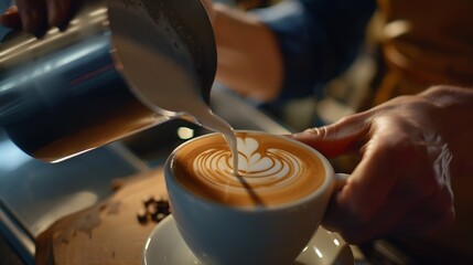 Fototapeta na wymiar Professional barista pouring milk into the cup of coffee making a pattern : Generative AI