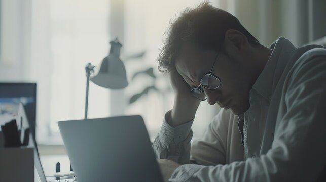 Sad and worried entrepreneur working on line with a laptop in an office desk or home : Generative AI