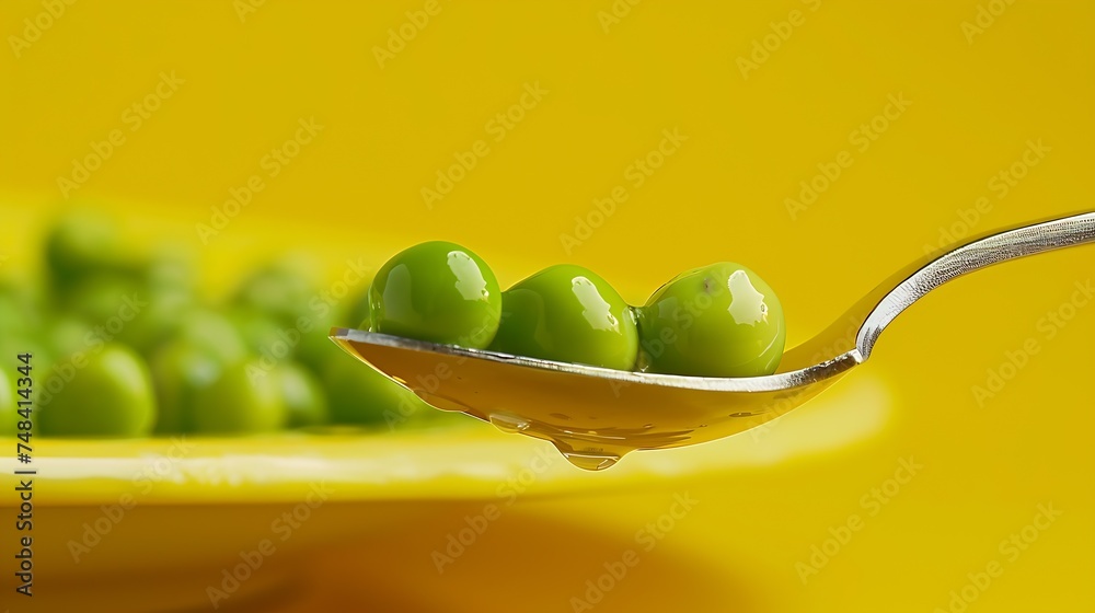 Poster spoon with a slide of green peas on a yellow plate closeup macro fresh tasty green peas on a yellow 