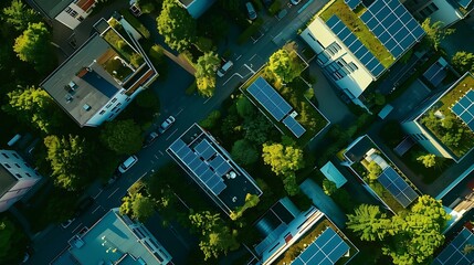 Aerial view of solar panels and roof greening measures in a housing estate in Berlin Germany : Generative AI
