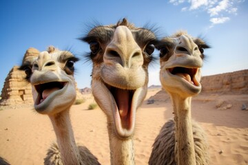 Humorous Ostrich selfie funny head. Nature eye bird. Generate Ai