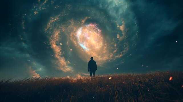 Person with whirl clouds in meadow. Seamless looping time-lapse 4k video animation background