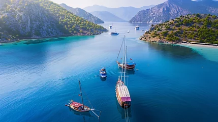 Deurstickers Aerial view of anchored sailboats on blue cruise in Oludeniz Turkey : Generative AI © Generative AI