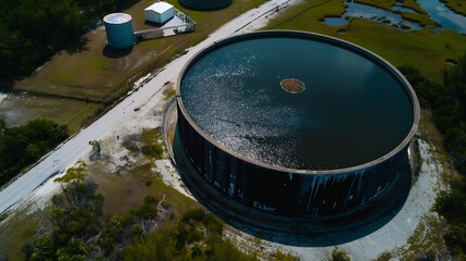Aerial view of a huge tank in a water treatment facility at Florida Keys Aqueduct authority near Navy Wells Pineland Reserve Homestead Florida United States : Generative AI