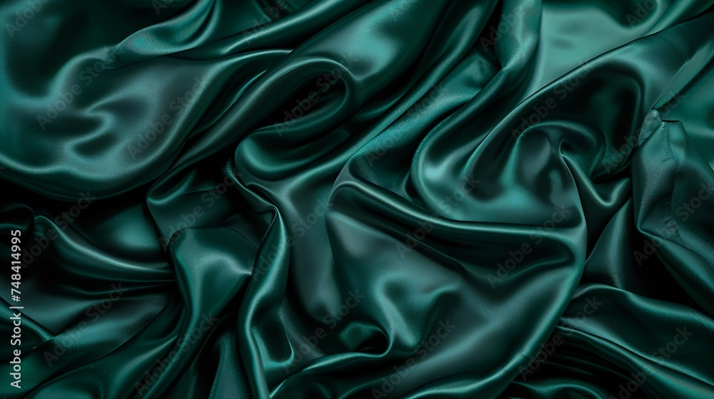 Poster dark emerald green silk satin smooth silky fabric luxury background with space for design flat lay t
