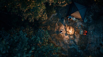 Aerial view of friend eating close to campfire in forest at night : Generative AI