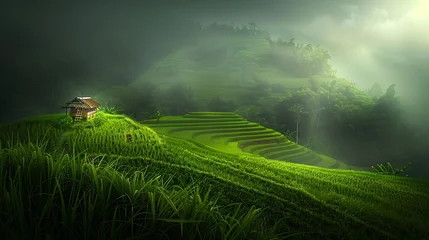 Foto auf Acrylglas Beautiful landscape nature green Terraced Rice Field of Rainy Season and hut on Mountain in nature Mae Chaem Chiangmai Thailand : Generative AI © Generative AI