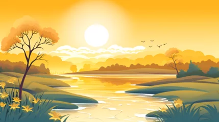 Gordijnen sunset in the field, cartoon, nature, landscape, nature, landscape illustrations © Iqbal