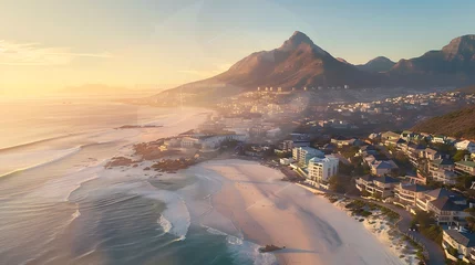 Cercles muraux Plage de Camps Bay, Le Cap, Afrique du Sud Aerial view of Camps Bay beach and Lions Head Mountain during the day Cape Town South Africa : Generative AI