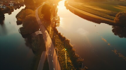 Aerial view of sunset above canal Eemskanaal road and countryside Ten Post Groningen The Netherlands : Generative AI - obrazy, fototapety, plakaty