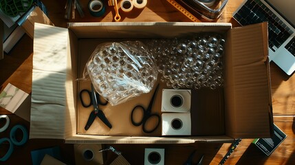 Open box with wrapped items adhesive tape scissors paper and bubble wrap on wooden table flat lay : Generative AI