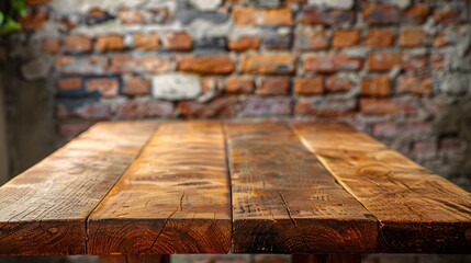 Wooden table top and blurred background in vintage coffee shop and restaurant walls of the shop are built with old red bricks modern vintage loft style Mock up for display of product : Generative AI