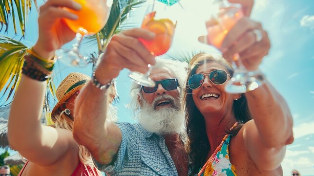 Happy different aged people taking selfie photo holding cocktail glasses outside Cheerful family having fun together on summer vacation Summertime lifestyle and happy hour concept : Generative AI