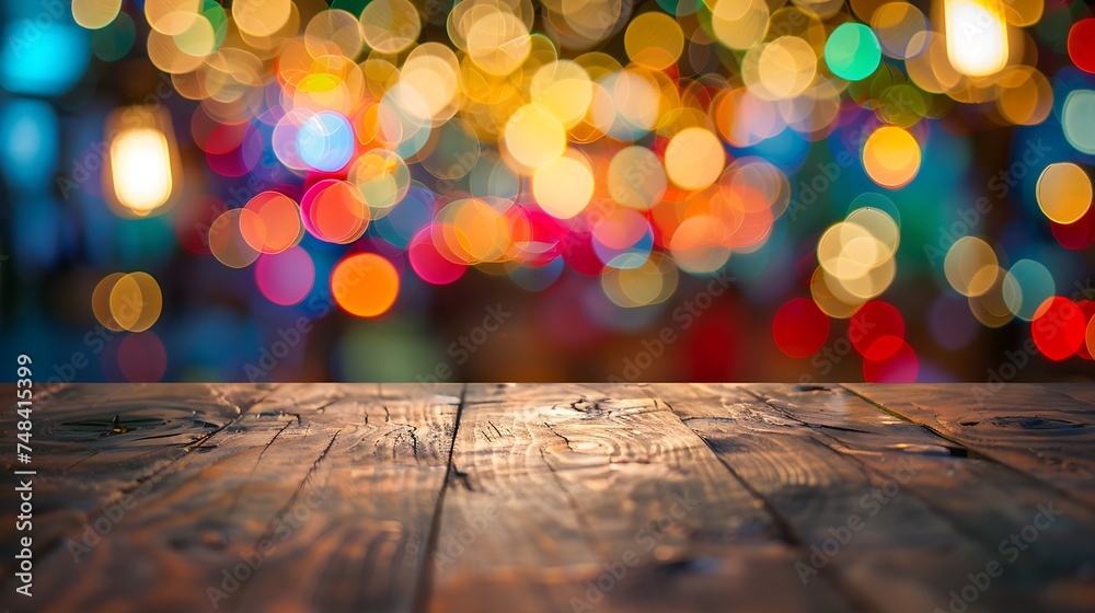 Poster image of wood table and blurred bokeh background with colorful lights : Generative AI