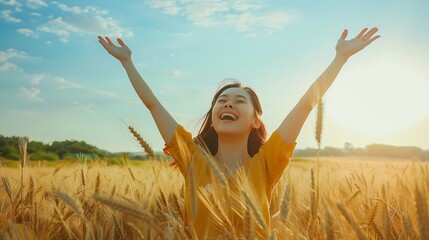 Woman happy smiling joyful with arms up in a wheat field Happiness bliss freedom concept : Generative AI