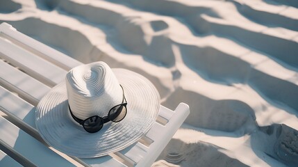 Hat and sunglasses lie on a white wooden lounger on a sandy beach in rays of sunlight Concept of beach vacations place template for text : Generative AI - obrazy, fototapety, plakaty