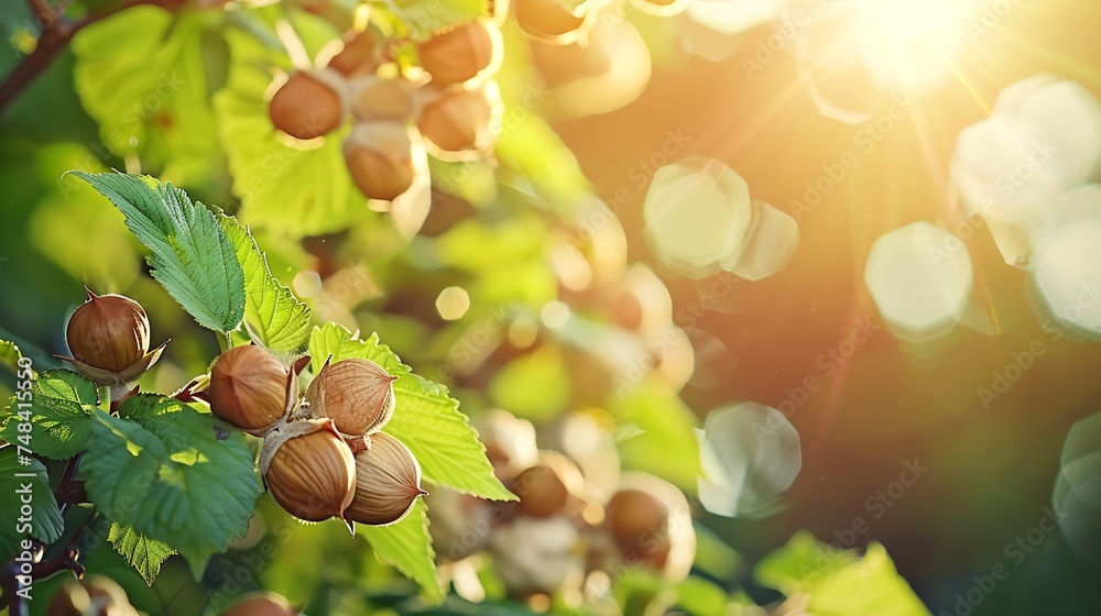 Poster Many hazelnuts fall from the tree on a green natural background Beautiful large hazelnuts closeup macro : Generative AI
