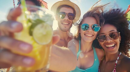 Multicultural friends having beach party on summer day Happy teenagers holding mojito cocktails taking selfie pic outside at open terrace bar Youth people and summertime lifestyle conc : Generative AI