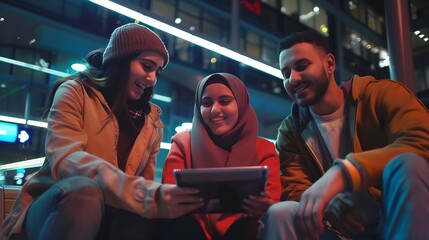 Four euphoric multi ethnic caucasian and arab friends watching tv on a a tablet in a train station : Generative AI - Powered by Adobe