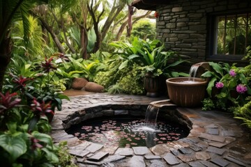 Fototapeta na wymiar Splashy Outdoor fountain waterfall. Home summer decor. Generate Ai