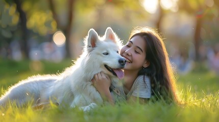 Beautiful teenager woman smiling and having fun with her white dog lying on the grass at the park Dog licking and kissing owner : Generative AI