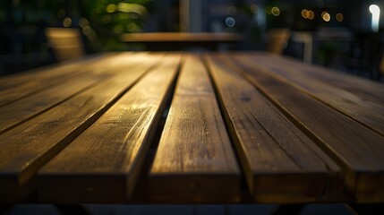 view of a wooden table on the terrace of a bar at night : Generative AI