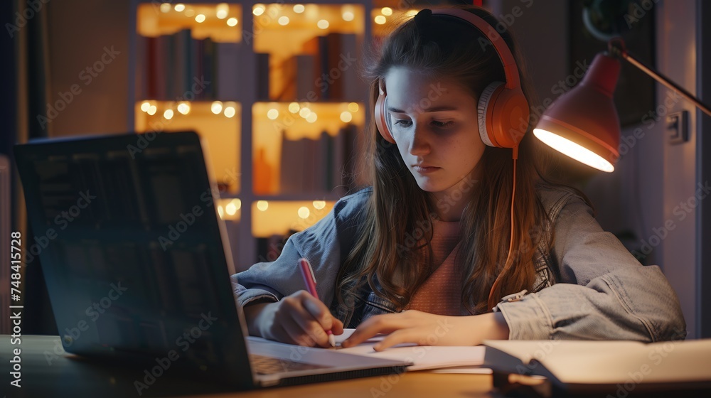 Poster Portrait of a student learning on line with headphones and laptop taking notes in a notebook sitting at her desk at home : Generative AI