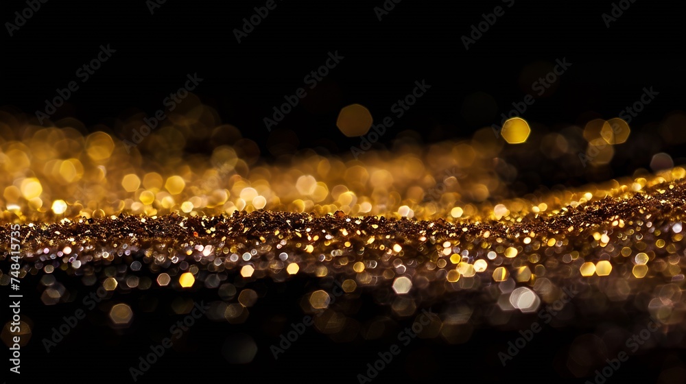 Poster Glitter dark broun background golden saturated color defocused macro Sparks fall and sparkle free space : Generative AI