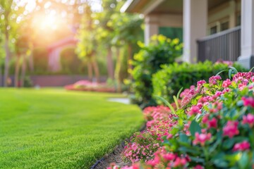 A well-maintained residential landscape features blooming flowers and a lush lawn with the morning sun shining brightly.