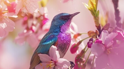 beautiful birdMrs Goulds Sunbird with Cherry blossom pink sakura flower : Generative AI