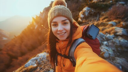 Young woman taking selfie portrait hiking mountains Happy hiker on the top of the cliff smiling at camera Travel and hobby concept : Generative AI - obrazy, fototapety, plakaty
