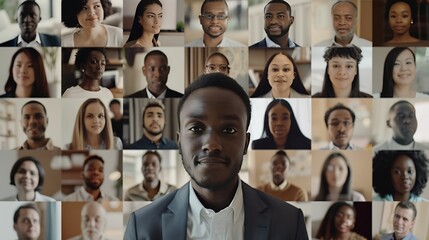 Many portraits faces of diverse young and aged people webcam view while engaged in videoconference online meeting lead by african businessman leader Group video call application easy u : Generative AI - obrazy, fototapety, plakaty