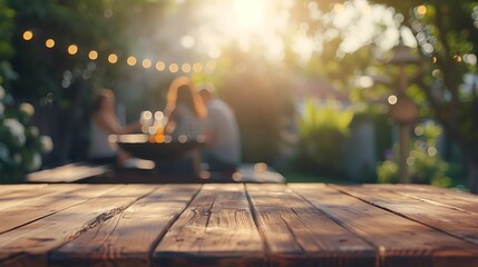 Empty wooden table and blurred view of people having barbecue with modern grill outdoors : Generative AI