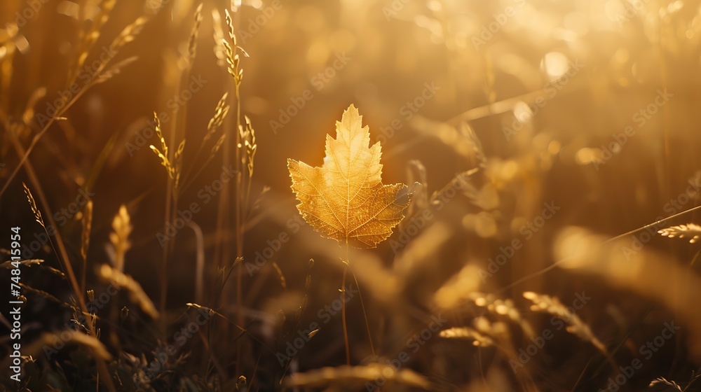 Aufkleber Golden beautiful leaf in autumn grass on nature closeup macro with soft focus and blurred background : Generative AI