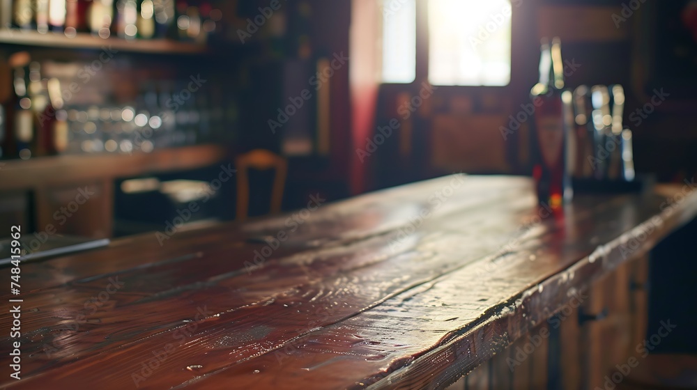 Poster Empty wooden bar counter with defocused background and bottles of restaurant bar or cafeteria background for your product display : Generative AI