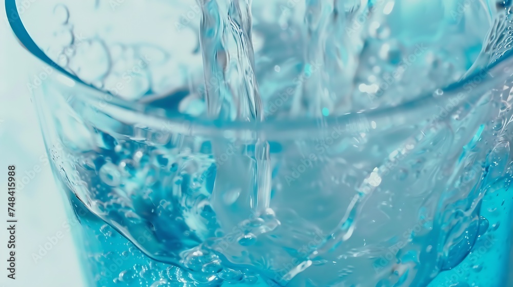 Aufkleber Beautiful texture of flowing water closeup macro A stream of clean transparent water is poured into a blue glass beaker on a light background : Generative AI