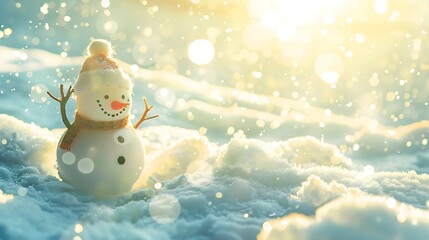Cheerful snowman of snowdrifts on snow outdoors on nature in sunny day with copy space flat lay Christmas snowy backdrop background : Generative AI - obrazy, fototapety, plakaty