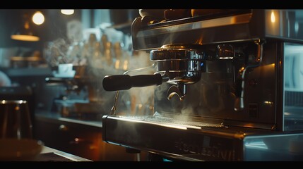 Espresso machine making coffee in pub bar restaurant : Generative AI - obrazy, fototapety, plakaty